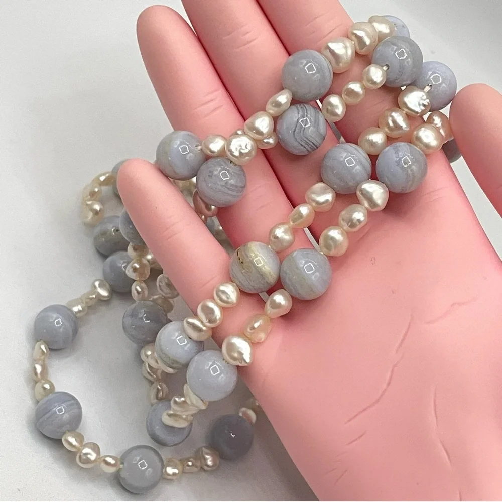 14K Gold Vintage Blue Lace Agate Freshwater Pearl Beaded Statement Necklace Long